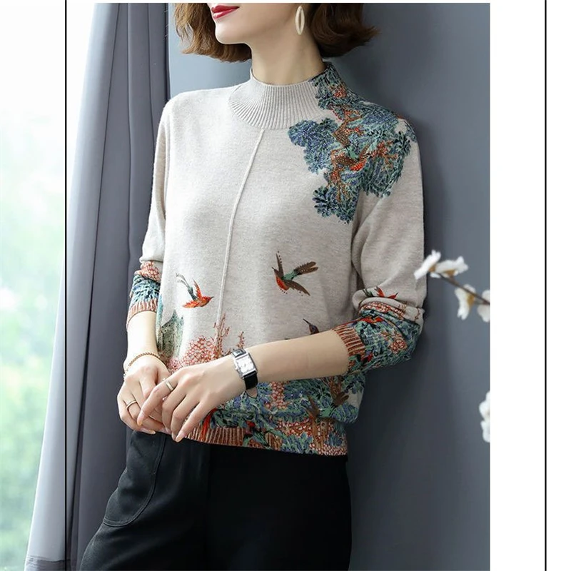 Women Vintage Chinese Style Print Half High Collar Elegant Knitted Sweater Autumn Winter Fashion Long Sleeve Loose Pullover Tops