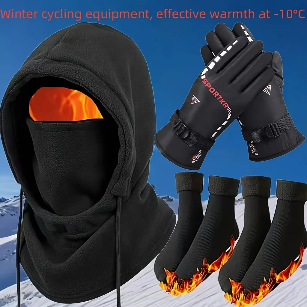 3/4-piece Autumn/winter Thermal Set: Integrated Windproof Balaclava, Thickened Plush Gloves, Plush Snow Socks