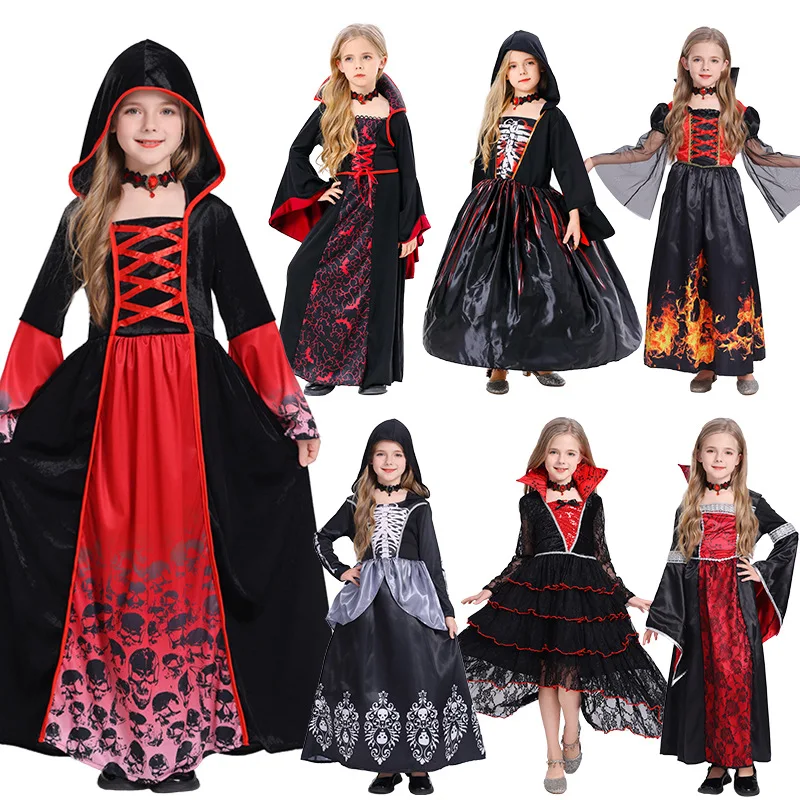 

Gothic Vampire Cosplay Outfit Black Halloween Costume For Girl Vintage Witch Dress Carnival Party Horror Theme Kids Hooded Dress