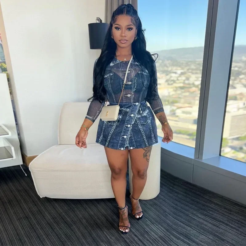 

Women Sexy Denim Print Two Piece Set See Through Mesh Long Sleeve Bodysuits Tops and Culottes Stylish Casual Streetwear Suits