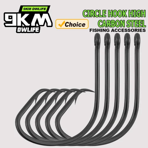 Anzuelo de pesca de 9KM, anzuelo circular en línea, anzuelos de cebo vivo con púas, anzuelo de espacio ancho de acero rico en carbono para bagre, lubina rayada, agua salada