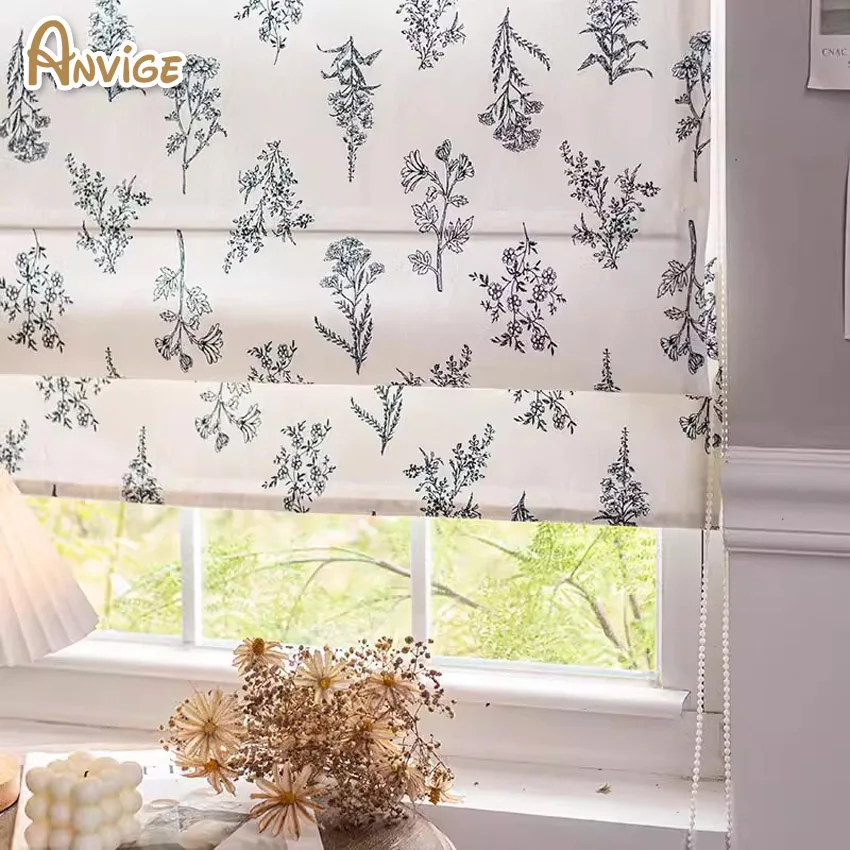 Pastoral Printed Leaves Flat Roman Shades Customized Roman Blinds With Installation Included