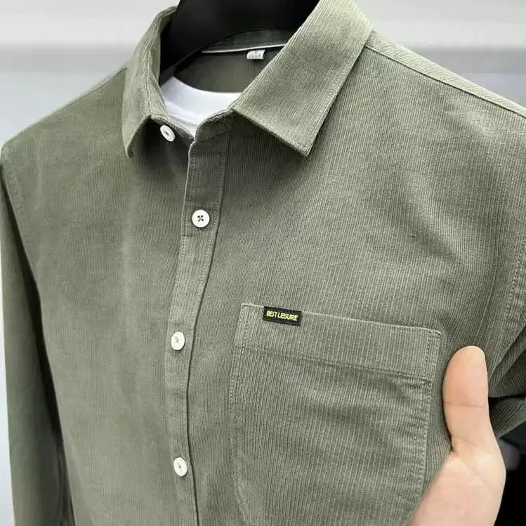 Casual Japanese Style Long Sleeve Corduroy Shirt Men's Spring Autumn Workwear Vintage Top Coat Loose Fit Breathable Polyester