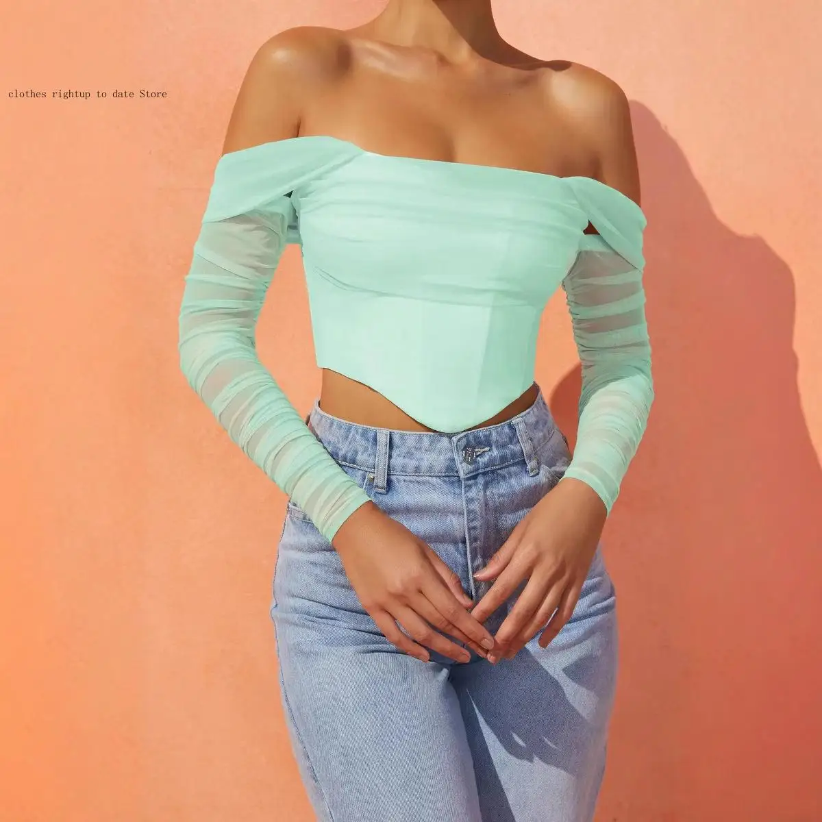 European and American Women's Clothing Mesh Fishbone Perspective Straight Collar Exposed Navel Short Style Long Sleeved Women