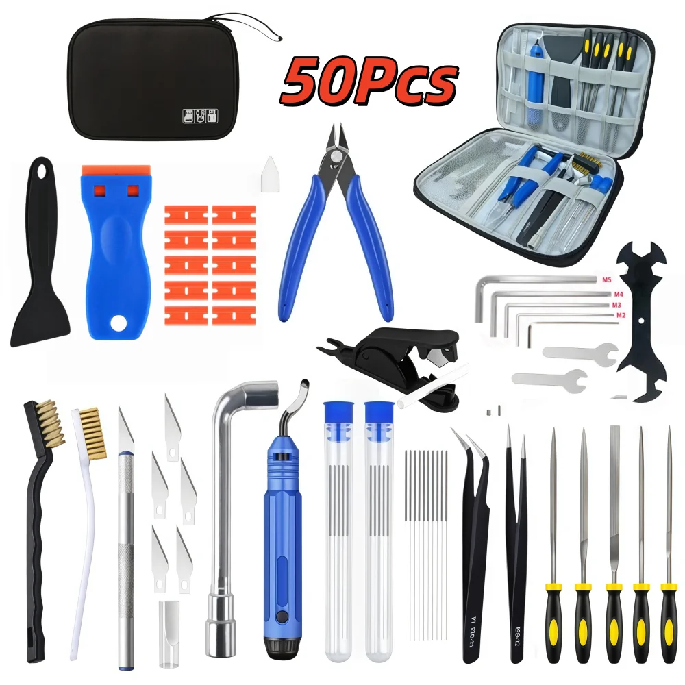 50 Pcs 3D Printer Tools Kit for FDM SLA Printer Parts, Nozzle Cleaner Scraper File Brush Wire Cutter Engraving Tool Repair Set