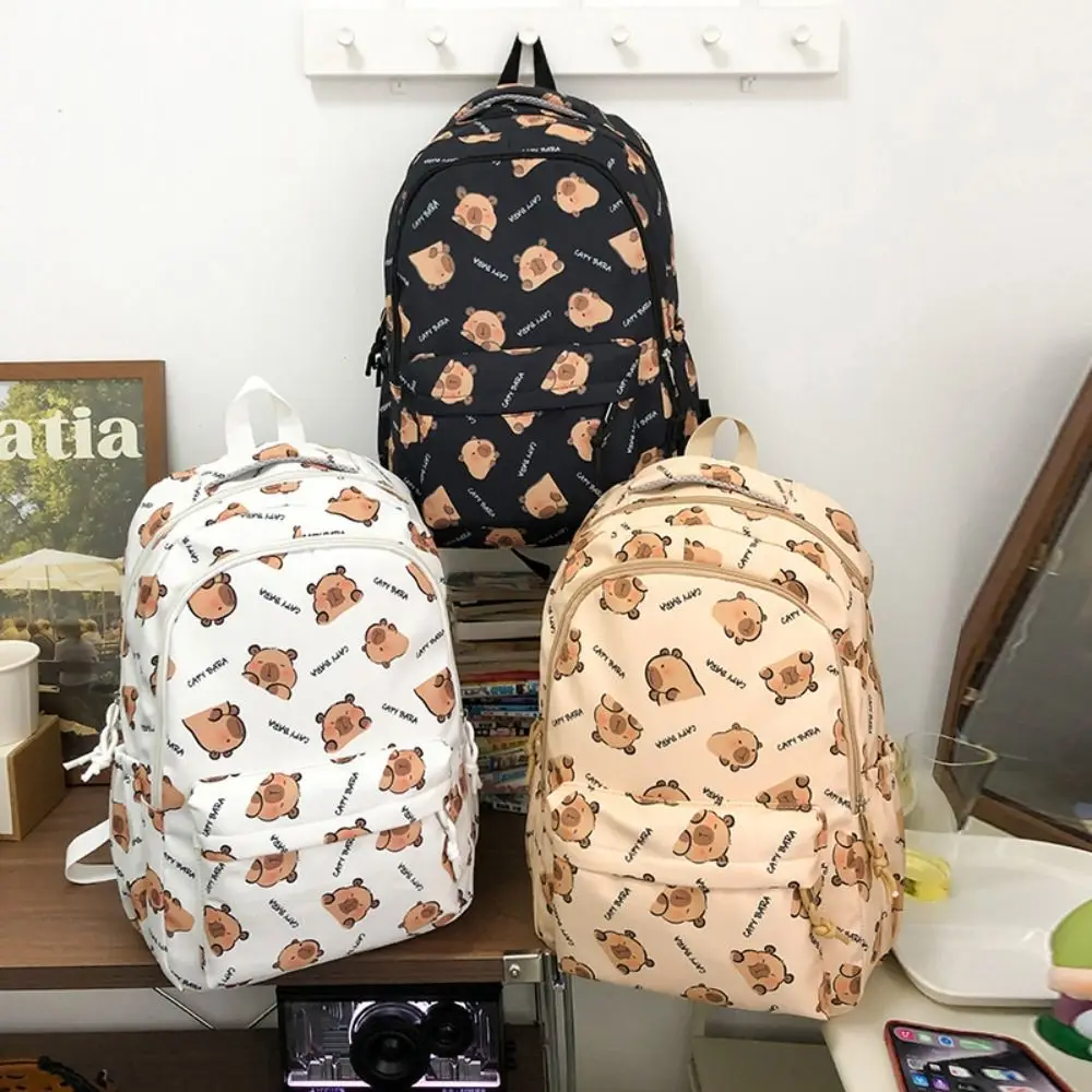 Sac à dos portable de grande capacité Capybara, sac initié à fermeture éclair de style coréen, sac d'école de dessin animé animal imprimé, étudiant