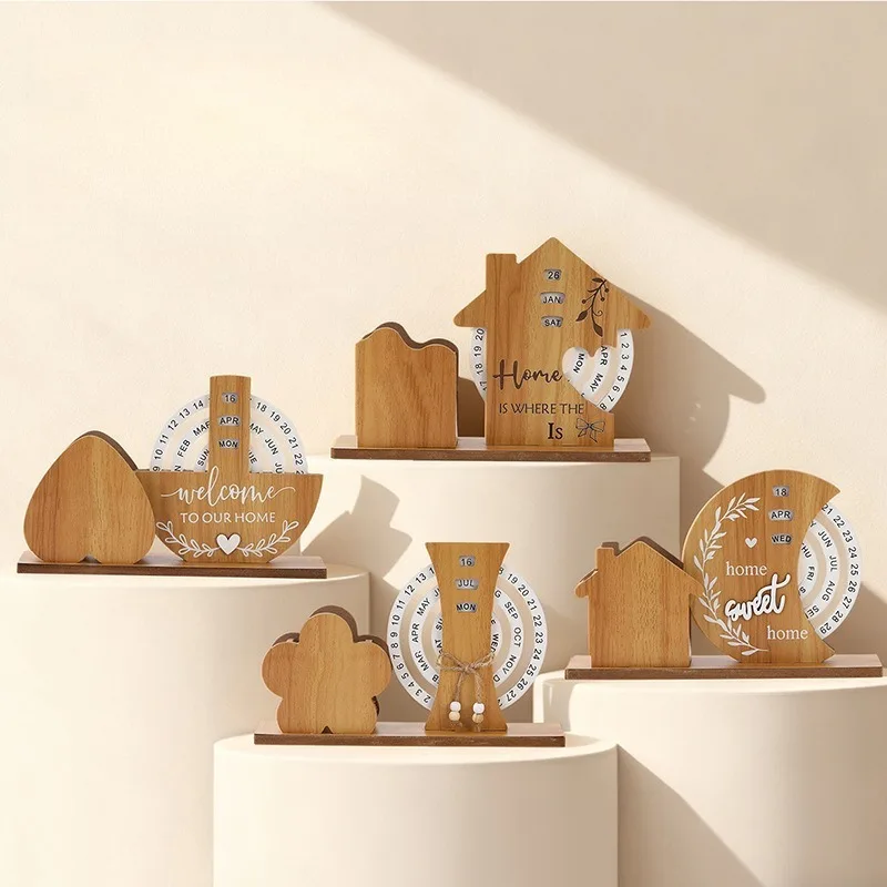 Wooden Rotating Perpetual Calendar Multifunctional Pen Holder Desktop Storage Box Stress Relief Decor Student Novelty Gift