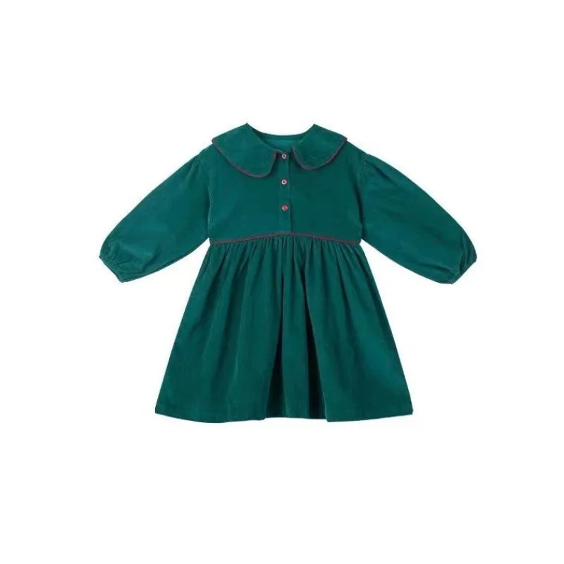 Kids Dress Girl Fashion Long Sleeve Pullover Knee Length Corduroy Green Retro Casual Dresses Spring Autumn Children Clothing