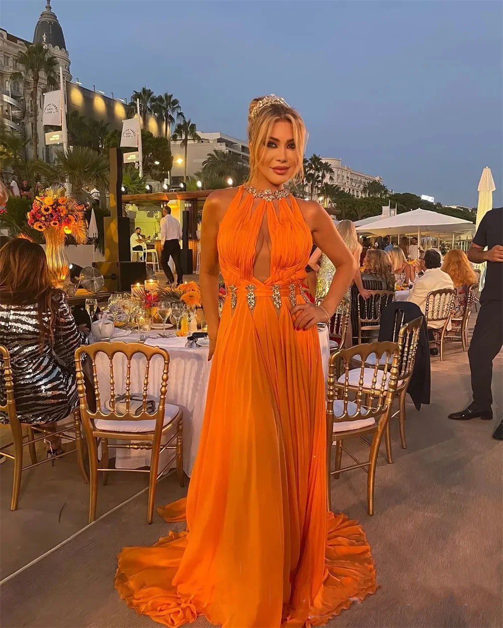 Simple & Charming Orange A-line Prom Dresses Crystals Beaded Evening Formal Party Dresses 2024 Vestidos Elegantes Para Mujeres