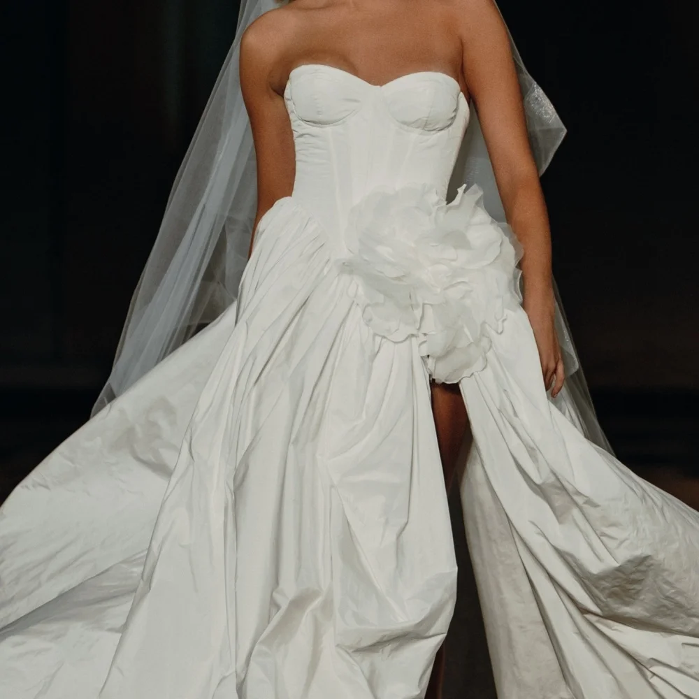 Cathy สีขาว 3D ดอกไม้ตกแต่ง Veil vestidos de Noche ด้านข้าง Taffeta After PARTY ความยาวที่กําหนดเองพรหมชุด 2024