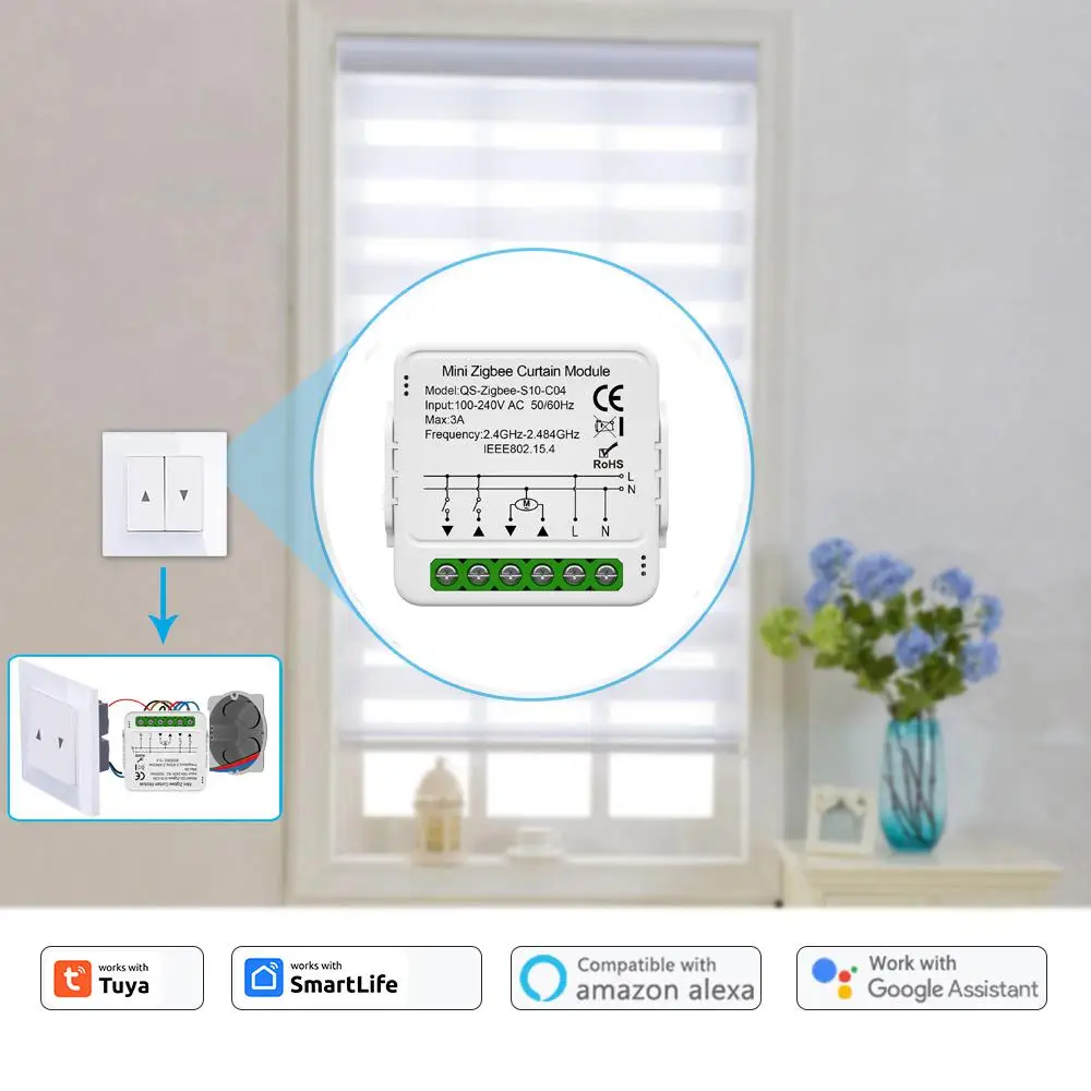 Tuya ZigBee/WiFi Smart Curtain Switch Module For Roller Shutter Blinds Motor QS-S10-C04/ECC02 Switch Support Google Home Alexa