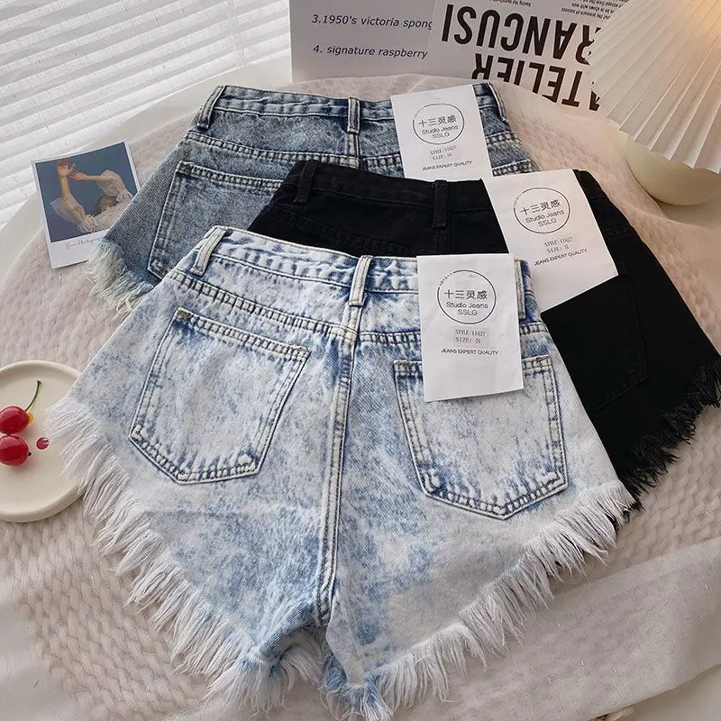 Ins Fashion High Waist Tassel Jeans Shorts Chic Y2K Gradient Blue Denim Shorts Pants Streetwear Ladies Bottoms 2023