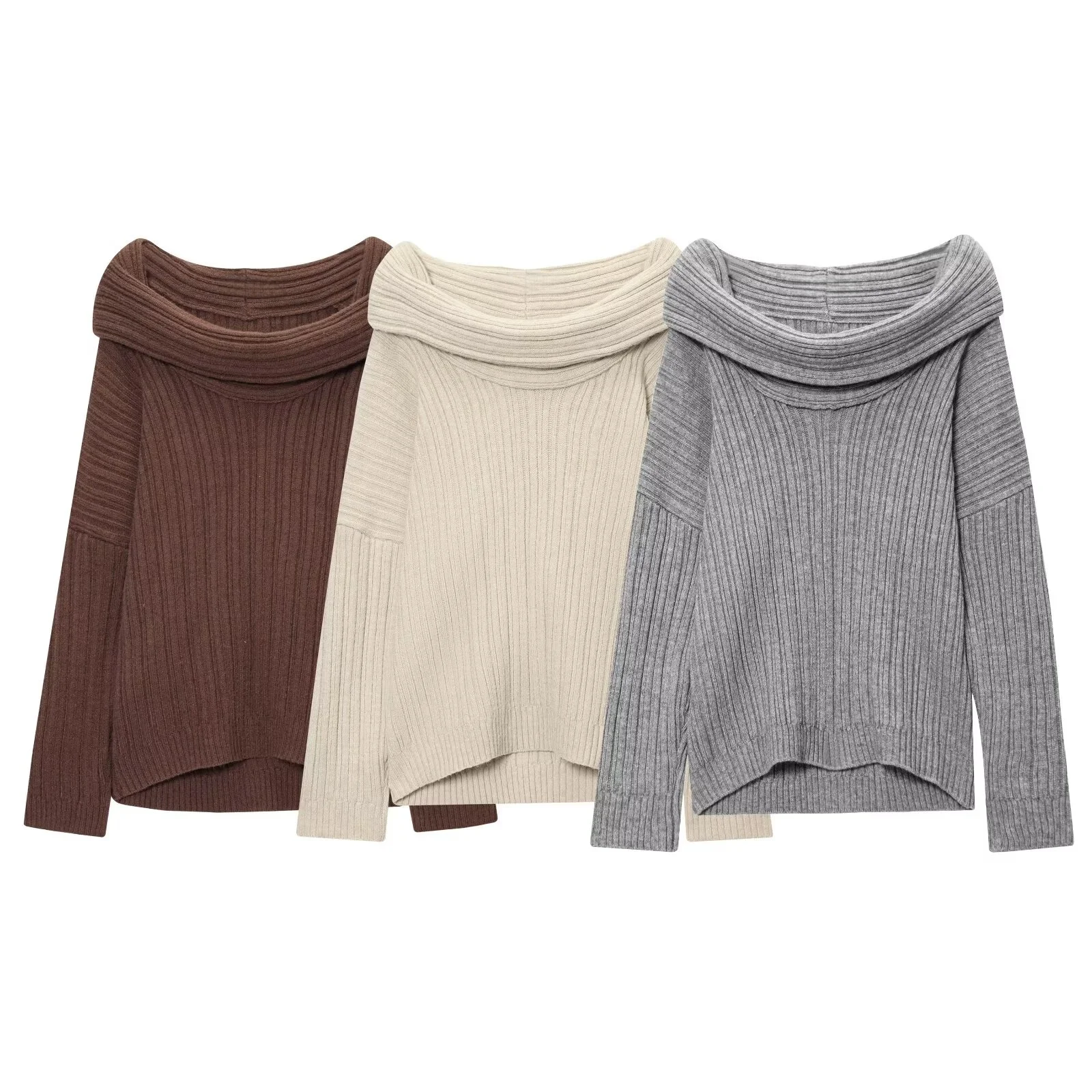 

PB&ZA2025 autumn new women's loose versatile long-sleeved lazy one-shoulder off-shoulder knit sweater sweater