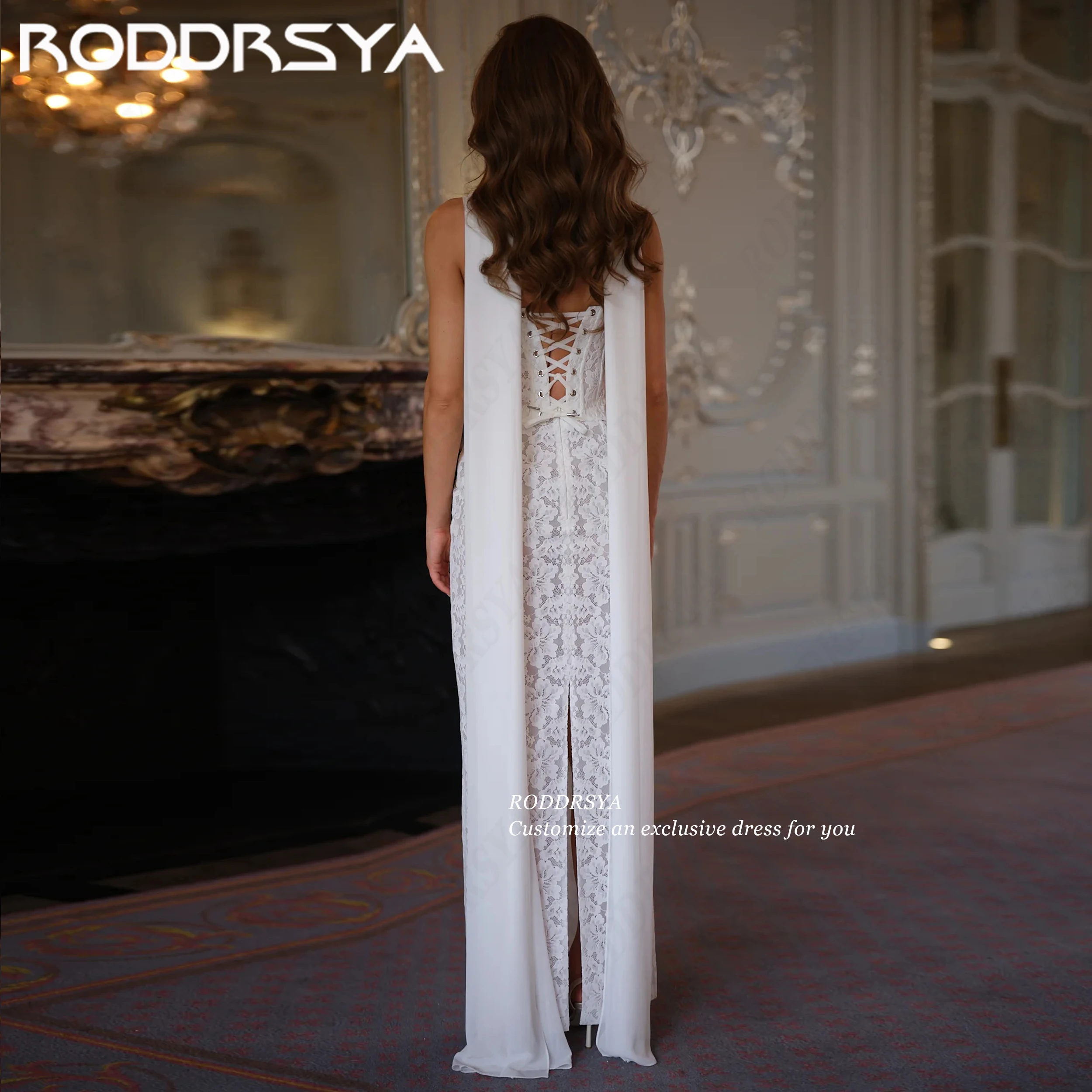 RODDRSYA Personalized Spaghetti Strap Lace Sheath Wedding Dress With Corset Bodice Scarf Accent Bridal Party Dresses For Women