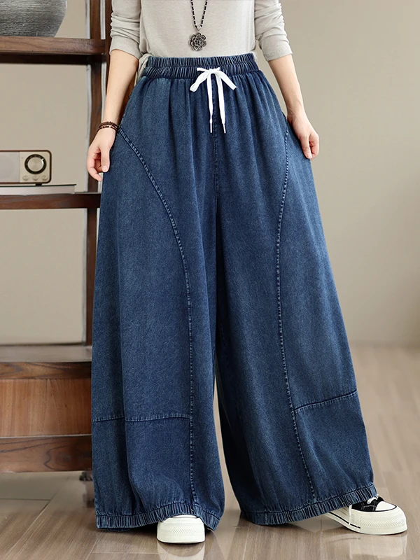 Authentic Comfortable Denim Suspenders Casual Drape Elastic Waist Wide Leg Long Pants Women's High Waist Cotton Blend