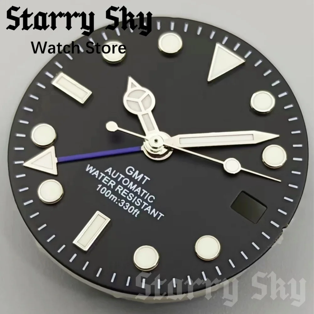 Starry Sky 29mm Black/White/Green Date Window GMT Mark Watch Dial With Green Luminous Suitable For NH34 Movement Watch Accessory