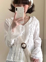 French Design Blouses Solid Color V Neck Flare Sleeve Lace Patchwork Pleated Shirts Spring Autumn All Match Women Clothing 2024