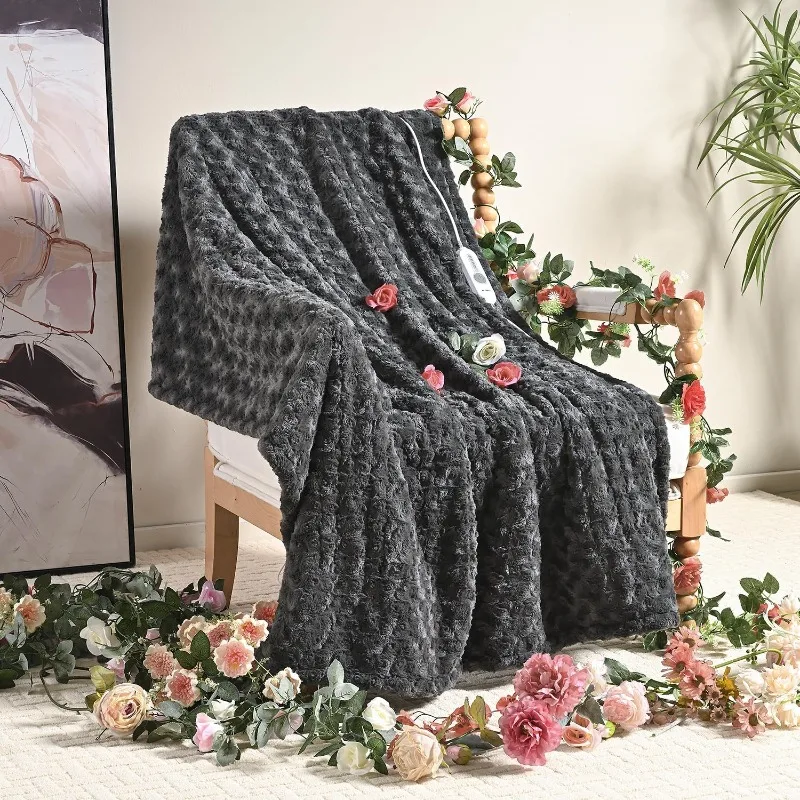 

Electric Heated Throw 50"x 60", Rose Flower Patterns Faux Fur & Soft Sherpa, 4 Heating Levels & 4H Auto Off, ETL Certified,