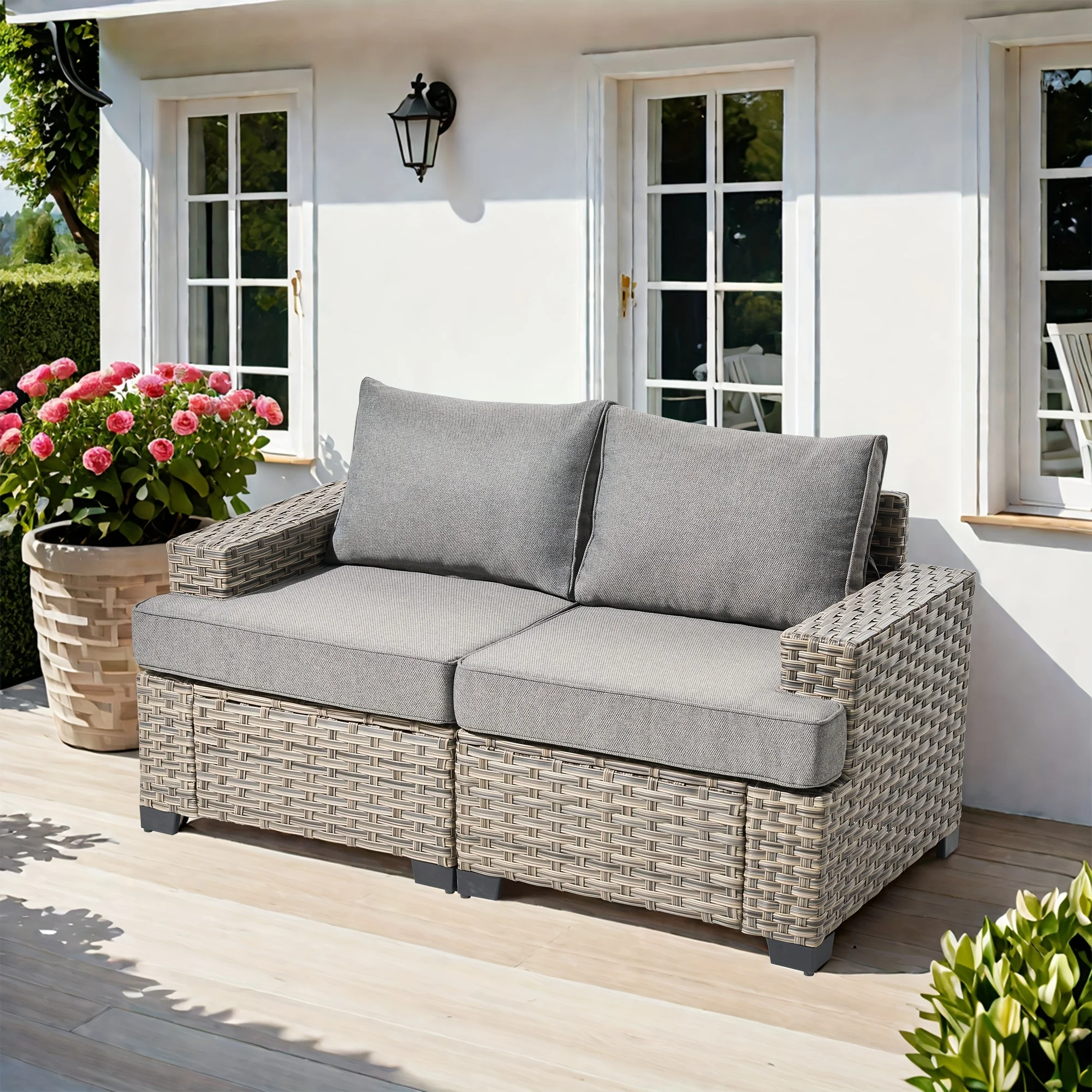 Set di mobili da giardino per esterni in vimini meteorologico, rattan intrecciato a mano dal design modulare, tavolino da caffè e pouf con illuminazione per divano componibile