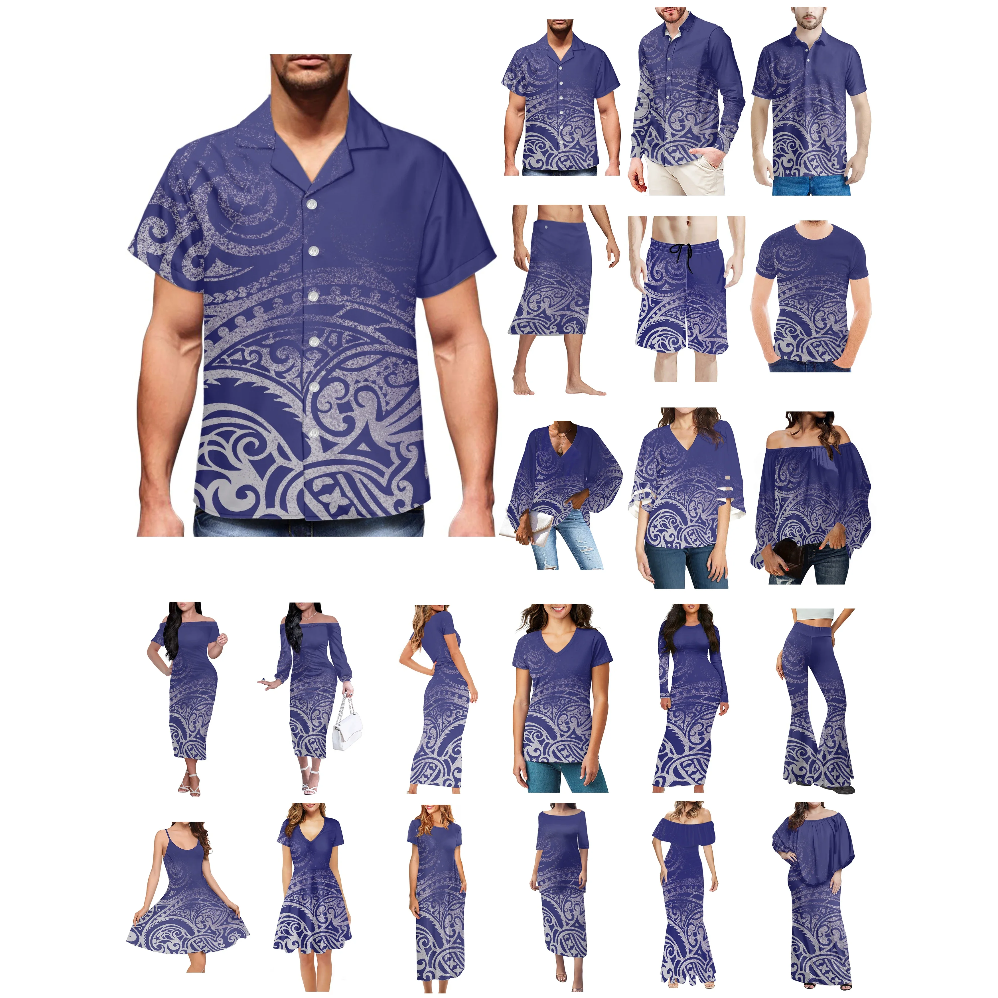 Polynesian Tonga Hawaii Fiji Guam Samoa Pohnpei Tribal Tattoo Prints Clothes Women Dress Matching Men Shirt Blue Lovers Clothes