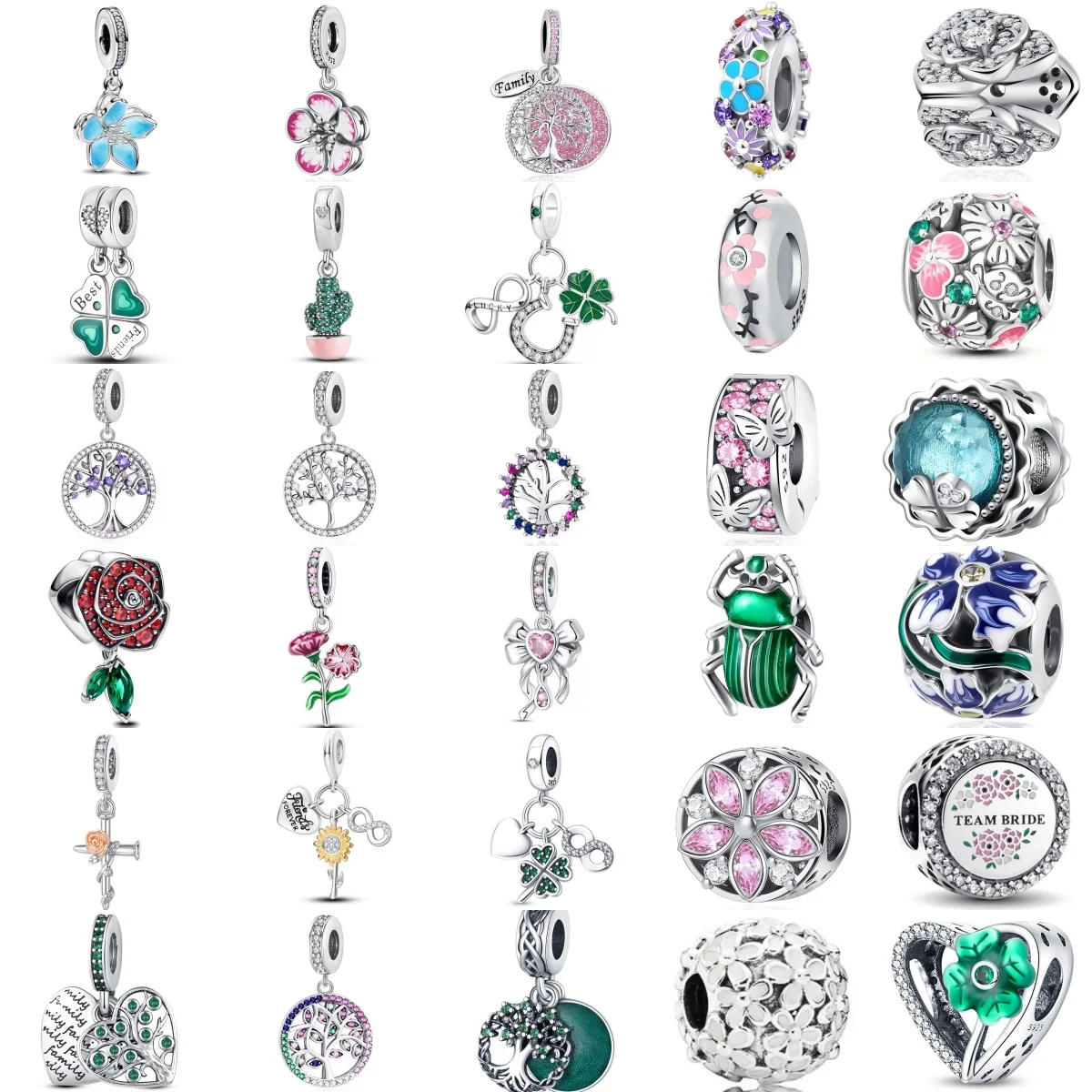 S925 Silver Trinkets Insect Flower Tree Lucky Clover Forest Theme Talisman Fit Bead Bracelet Necklace DIY Luxury Party Jewelry