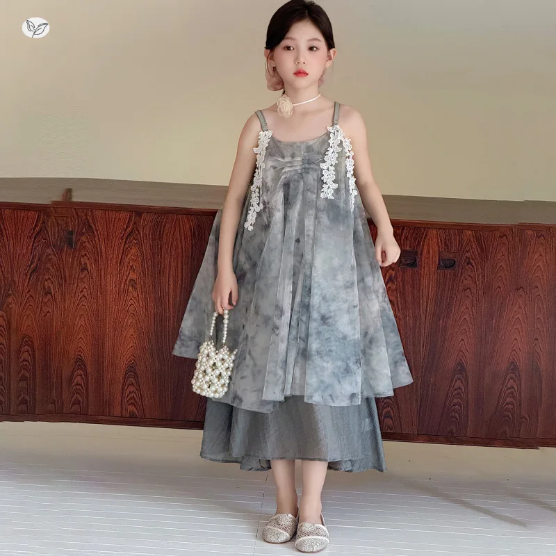 2026 New Summer Girls Chinese Ink Style Sling Dress Classical Ink Painting Print Elegant Chinese Style Beautiful Lace Splicing