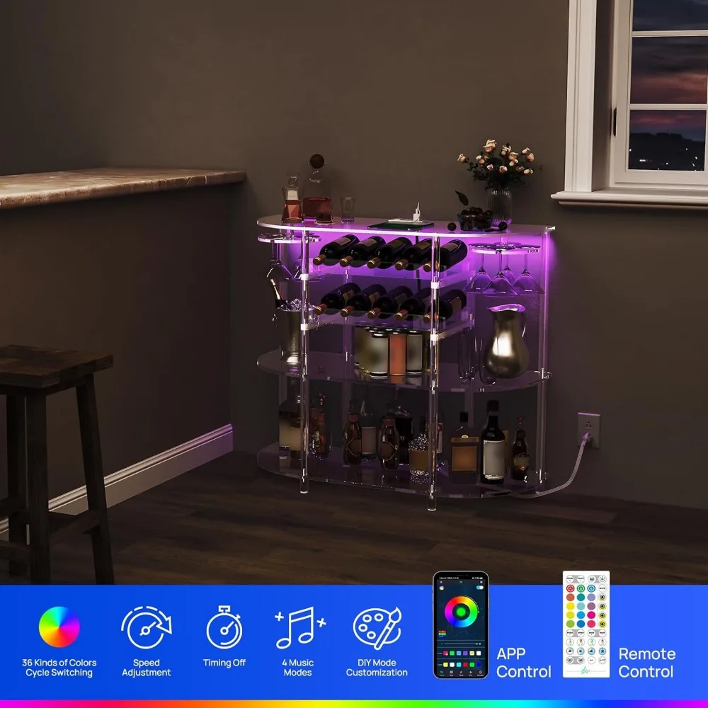 Acrílico Transparente Vinho Armário com Estação de Carregamento e Luzes LED, Vidro Rack e Wine Rack, Home Bar Gabinete