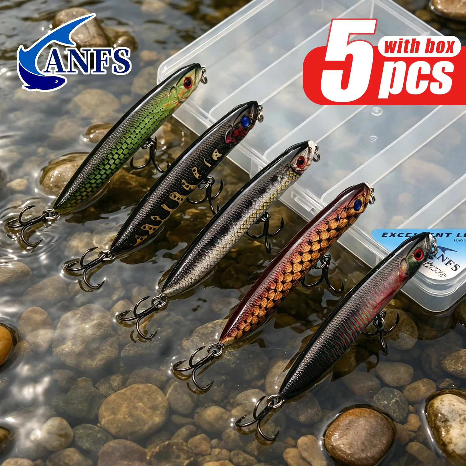 ANFS Fishing Lure Kit of 5pcs with Storage Box, Realistic Design Artificial Baits-Perfect Fishing Gift for Angler