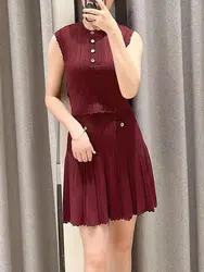 Summer 2024 Women Wine Red Knitted Set Hollow Out Front Buttons O-Neck Sleeveless Vest or Elastic Waist A-Line Mini Skirt