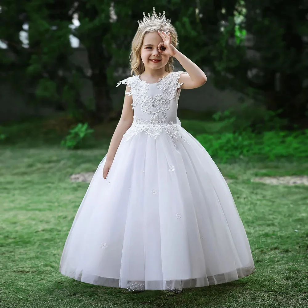 

White Kids Vestidos O-Neck Sleeveless Flower Girl Dress For Wedding Princess Girls Lace Appliques A-Line Floor-Length Pageant Dr