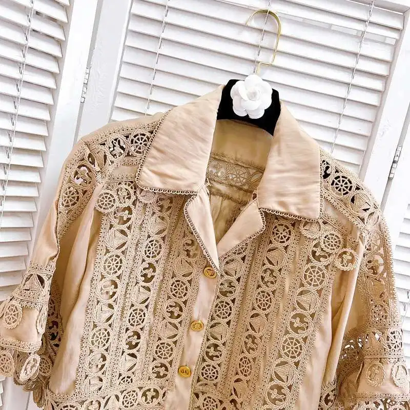 Luxury Hollow Out Dress Two Piece Set Women\'s 2025 Summer Holiday Embroidered Lace Jackets White Tops Pleated Short Skirts Suits