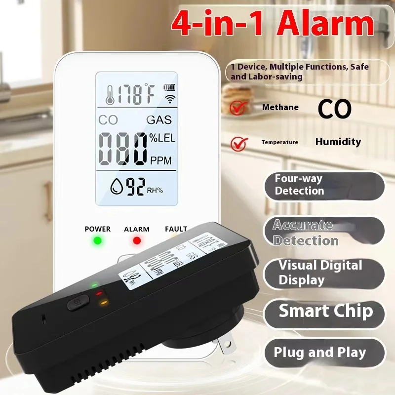 4 In 1 Gas Detector Carbon Monoxide Alarm Methane Sensor Temperature Humidity Monitor Plug In Home Safety Security Alarm Device