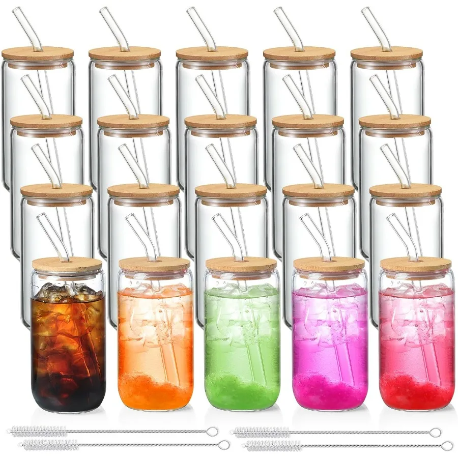 

Набор из 20 стеклянных стаканчиков с крышками и соломинками, 16 унций, персонализированные персонализированные стаканы для подарка, бизнеса, набор стаканов для питья, ледяной