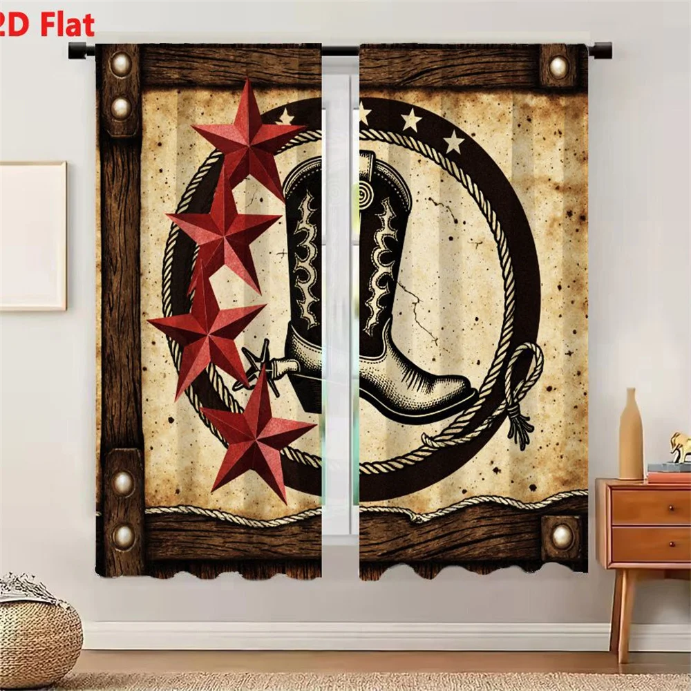 2Pcs Curtains 2D Flat WESTERN COWBOY BOOT DECORATIVE GRAPHIC RUSTIC BLACK WHITE ILLUSTRATION WITH ROPING STARS TEXTURED AGED PAP