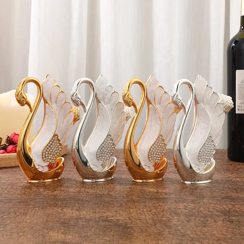 Coffee Spoon Set with 1 Swan Shape Base Holder Zinc Alloy Swan Base Spoon Organizer Elegant Fruit/Dessert Swan Flatware