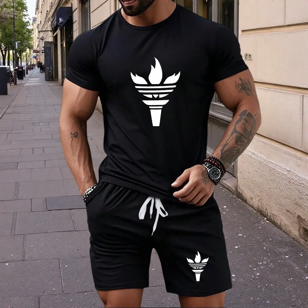 

New summer men's casual sportswear round neck short sleeved T-shirt shorts 2-piece set men's short sleeved T-shirt and shorts se
