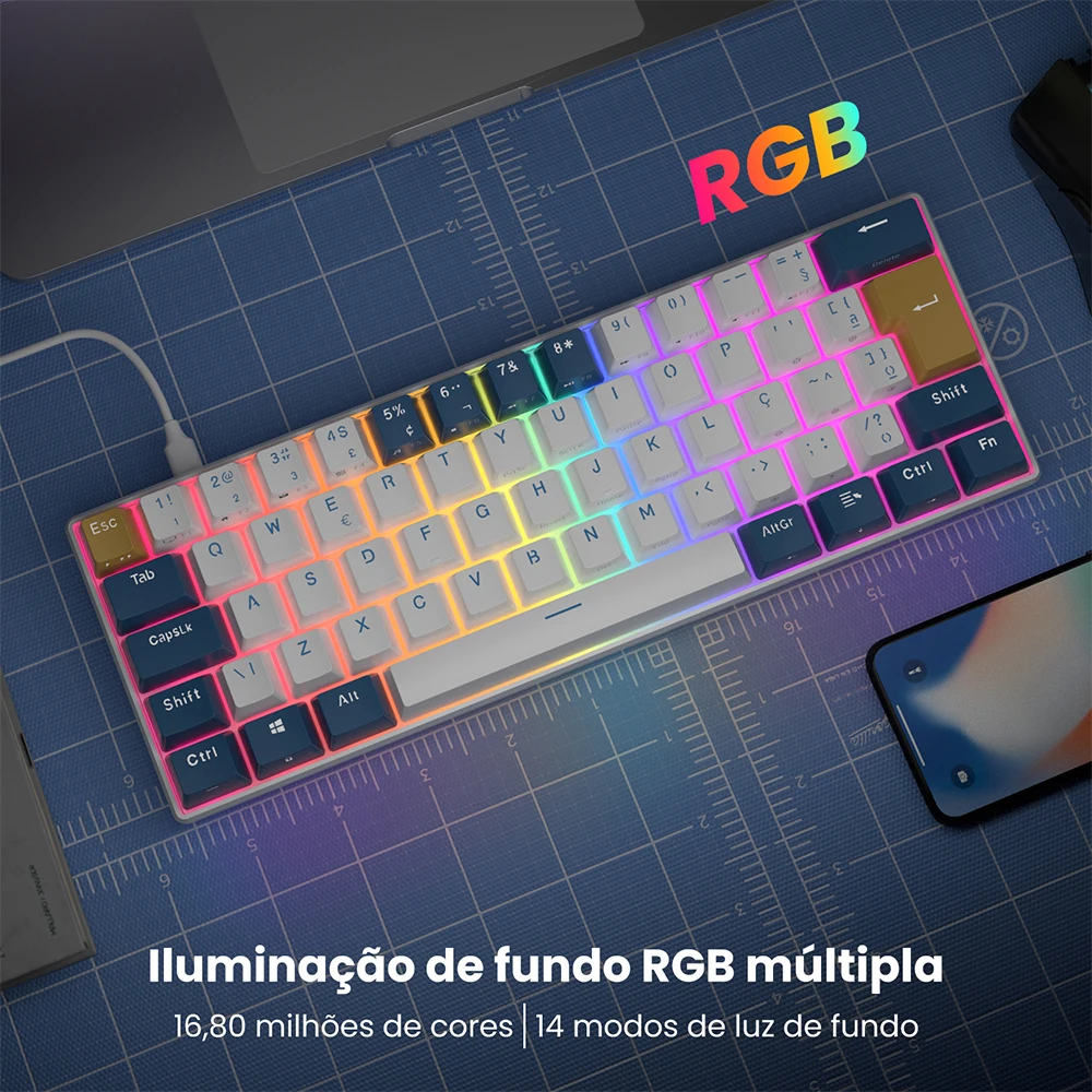 Imagem -04 - Royal Kludge Rk61 Teclado para Jogos Brasileiro com Fio 61 Teclas Rgb Teclados Mecânicos Retroiluminados Mini Teclas Abs com Hot-swappablesv