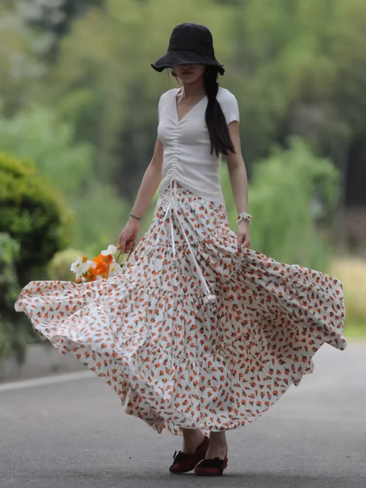 

TIYIHAILEY Long Maxi A-line Elastic Waist Women Summer Spring S-2XL Cotton Print Big Hem White Skirts 2025 New Fashion Spring