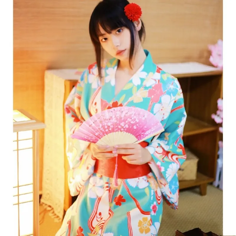 Women Traditional Sakura Prints Yukata Japan Kimono With Red Obi Haori Long Bathrobe Party Stage Performing Cosplay Costume