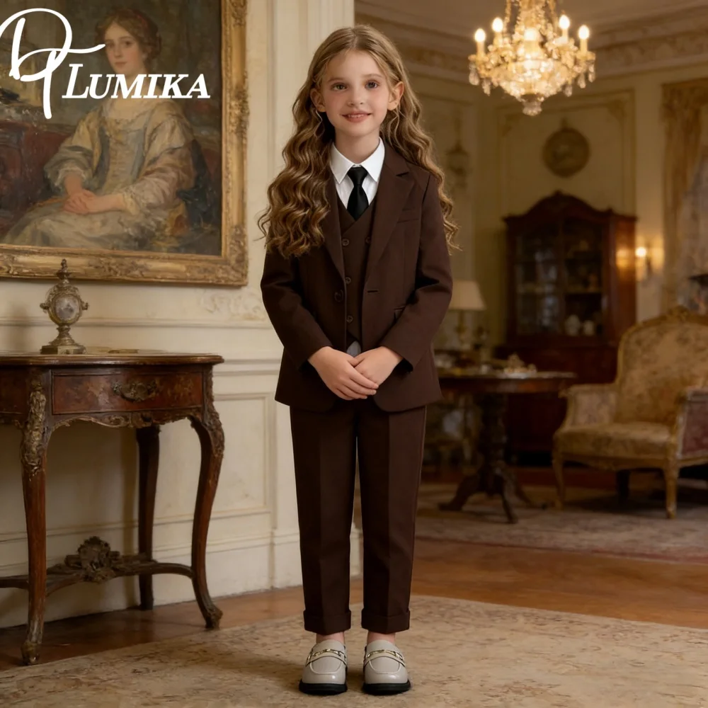 

Элегантный детский деловой костюм с текстурой шампанского 2026 года, наряд с цветочным узором для девочек на свадьбу и праздник, пиджак, жилет, брюки, галстук