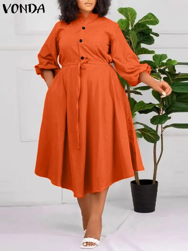 Plus Size VONDA 2024 Women Elegant Dress Autumn Long Lantern Sleeve Midi Sundress Loose Casual Button Party Vestidos