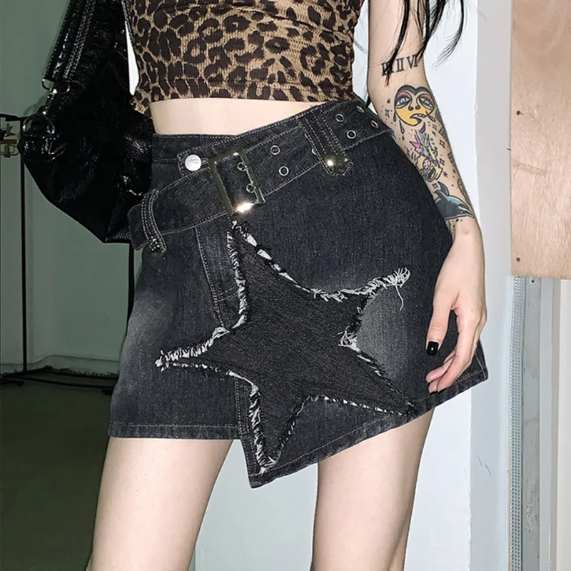 

Star Y2k Spicy Girl Retro Cowboy Short Skirt Women's 2024 Summer New High Waist Slim A-line Skirt Black Half Skirt