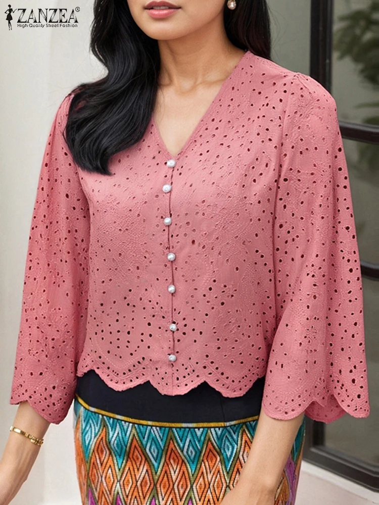 

Summer Tops ZANZEA Elegant Cotton Lace Shirt Women Flare Sleeve Casual Tunic 2025 Fashion V-Neck Buttons Solid Blouse Blusas