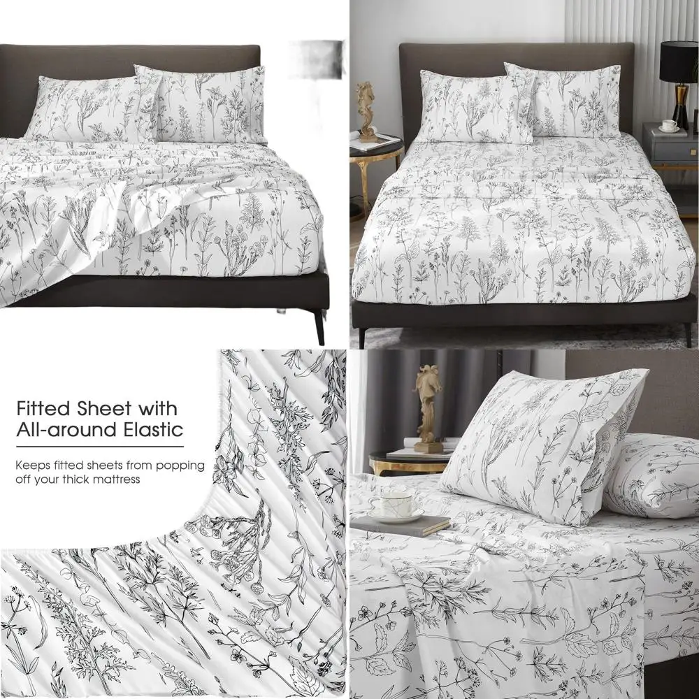 

Комплект постельного белья Queen Size с глубокими карманами 18 дюймов, 1800 нитей, черно-белый с цветочным узором, мягкий, дышащий, в стиле милый шебби-шик, Oeko-Tex