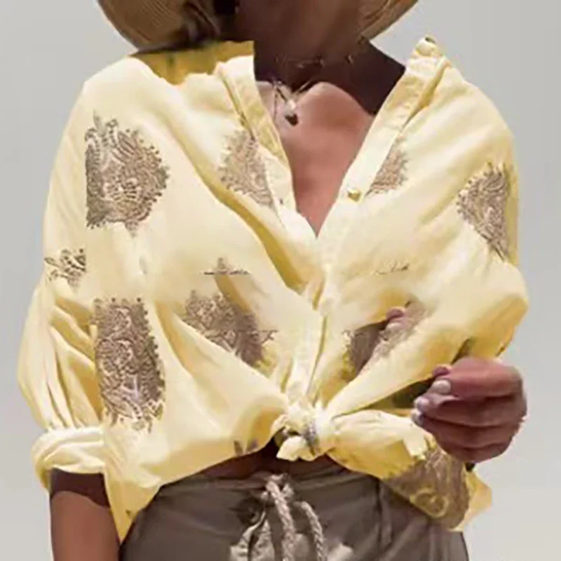 FDEY Autumn Pattern Printed Loose Shirts New Casual Single Breasted Bohemian Tops Elegant Long Sleeve Commuter Women's