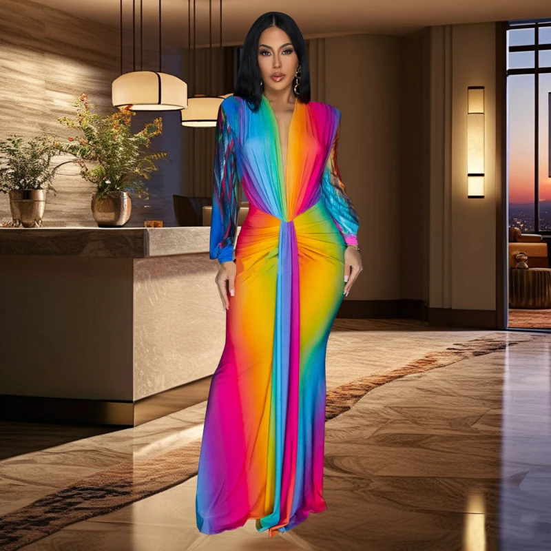 New Fashion Chic Frauen langes Kleid tiefen V-Ausschnitt Langarm Prominente Regenbogen gedruckt Maxi kleid