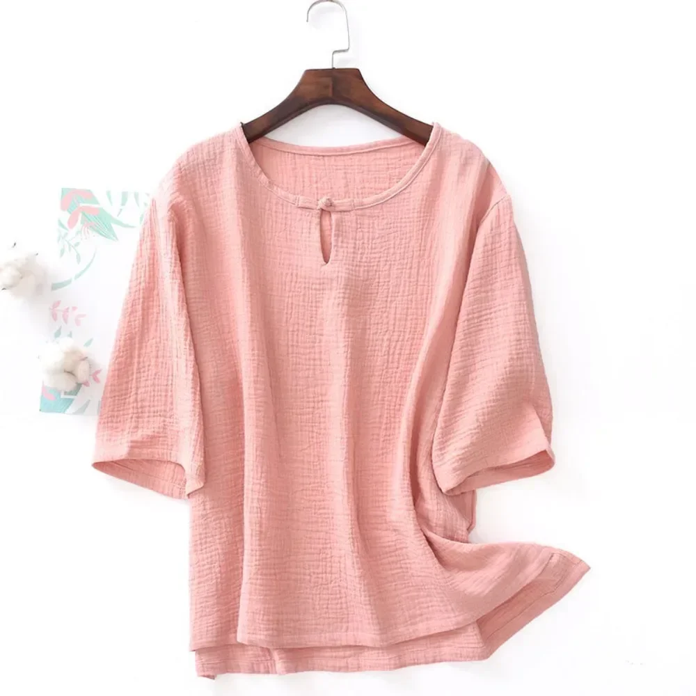 Women Cotton Crepe Top Half Sleeve Frog Button Blouse Spring Autumn New Loose Casual Ladies Shirt Daily Streetwear Versatile