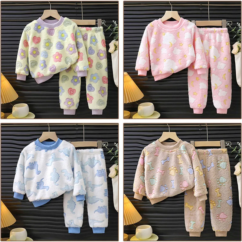 Children Winter Warm Suits Baby Flannel Soft Comfortable Pajamas Outfits Kids Cute Print Thick Plush Casual Thermal Clothes Set