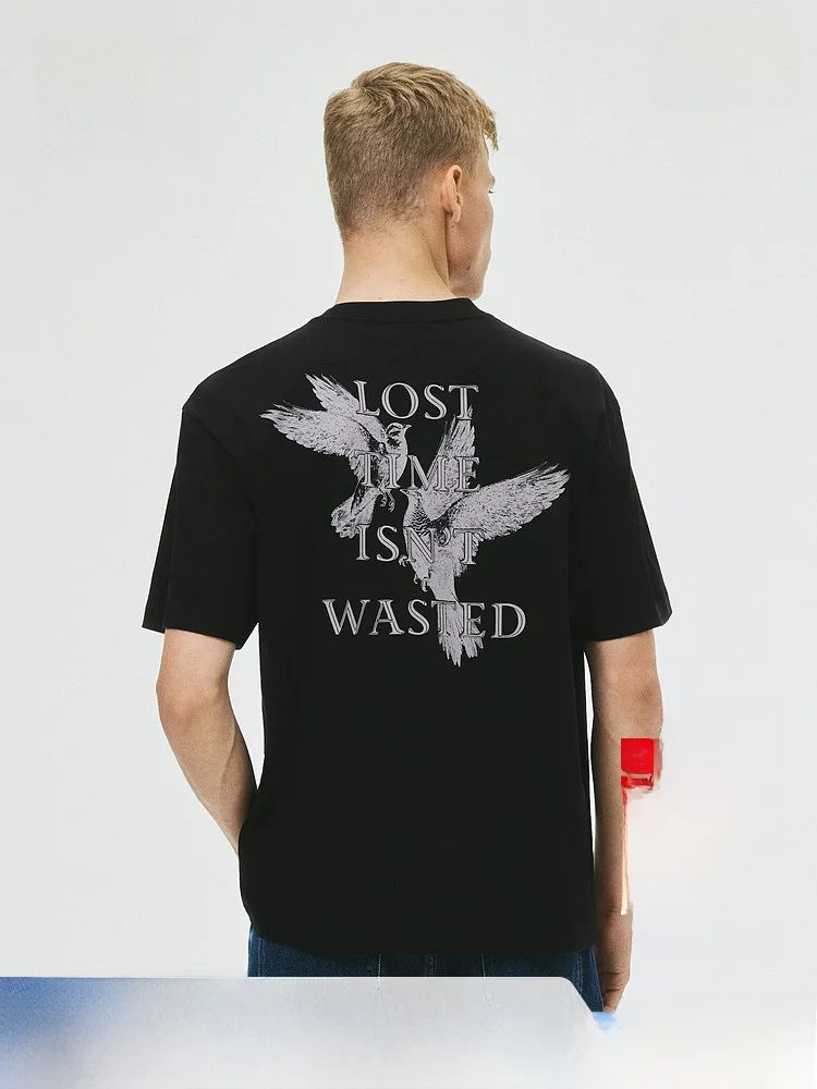 

H&M Men's T-irt Spring Base Layer Loose Fit Print ort Sve round Ne Casual Sle Inner Wear Cotton Comfortable Top