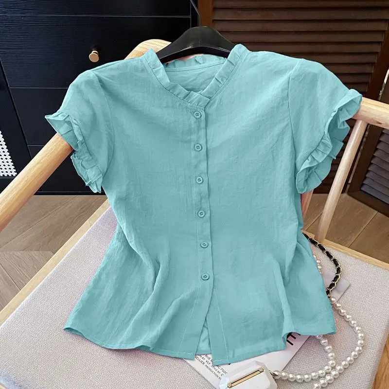 

Красный шелковый воротник для ушей ort Sve irt, летняя новая верхняя одежда для похудения, модная корейская версия, свободная посадка на пуговицах